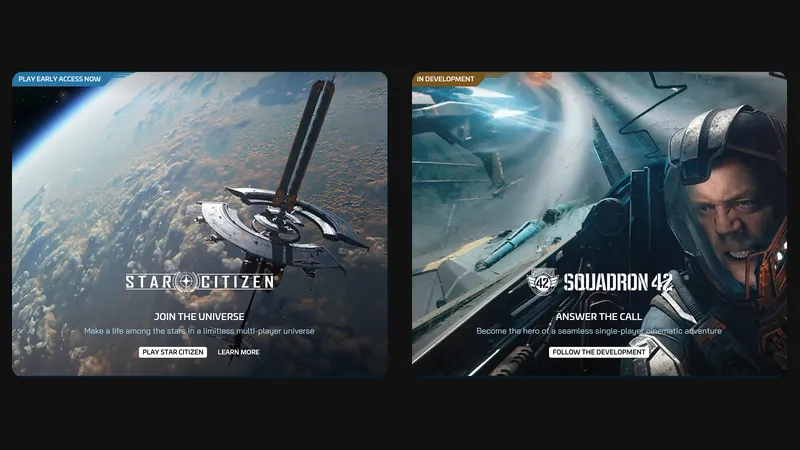 two screenshots, left a space station in orbit - right, a picture of a space fighter pilot