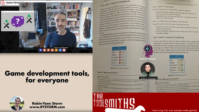 a collage of various resources and developers focused on tools and game user experience, David Lightbown, Robin-Yann Storm, Games User Research Book, and mentor Nathan Varjavand