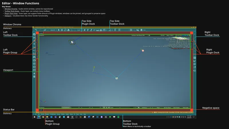 Annotated concept diagram labeling the Star Engine Editor's window regions, including window chrome, toolbar docks, plugin groups, viewport, and status bar.