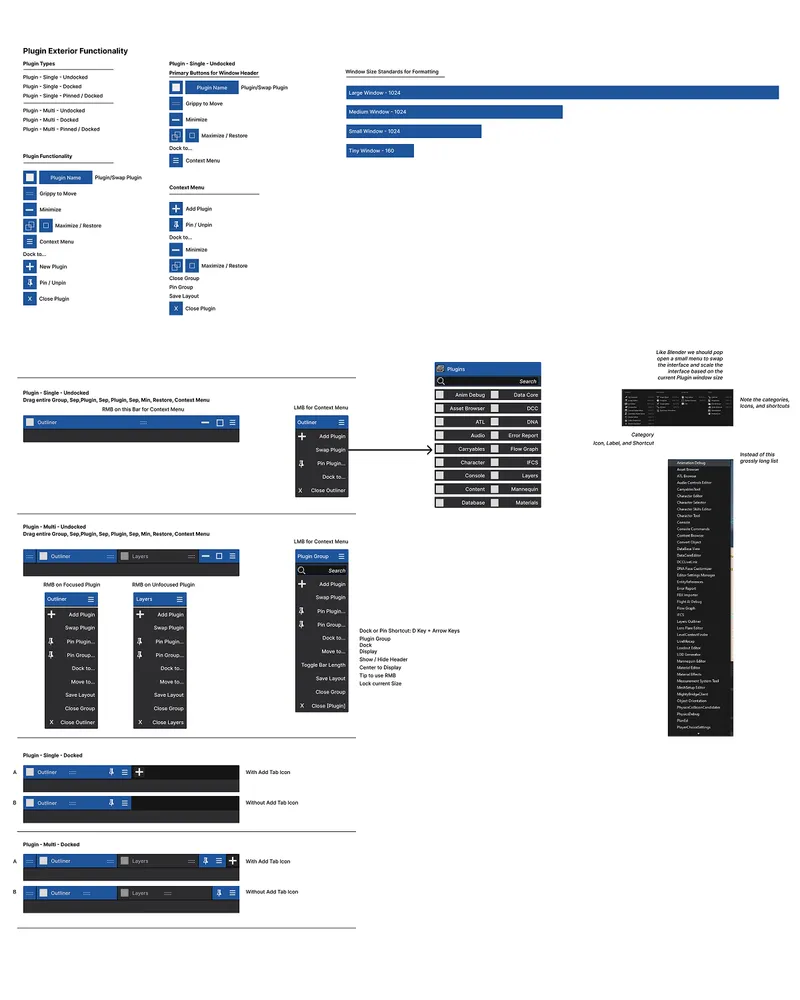 UI spec sheet for plugin window concepts, including window types (single/multi, docked/undocked), title-bar icon functions, window size standards, and docked/undocked plugin group mockups with context menus.