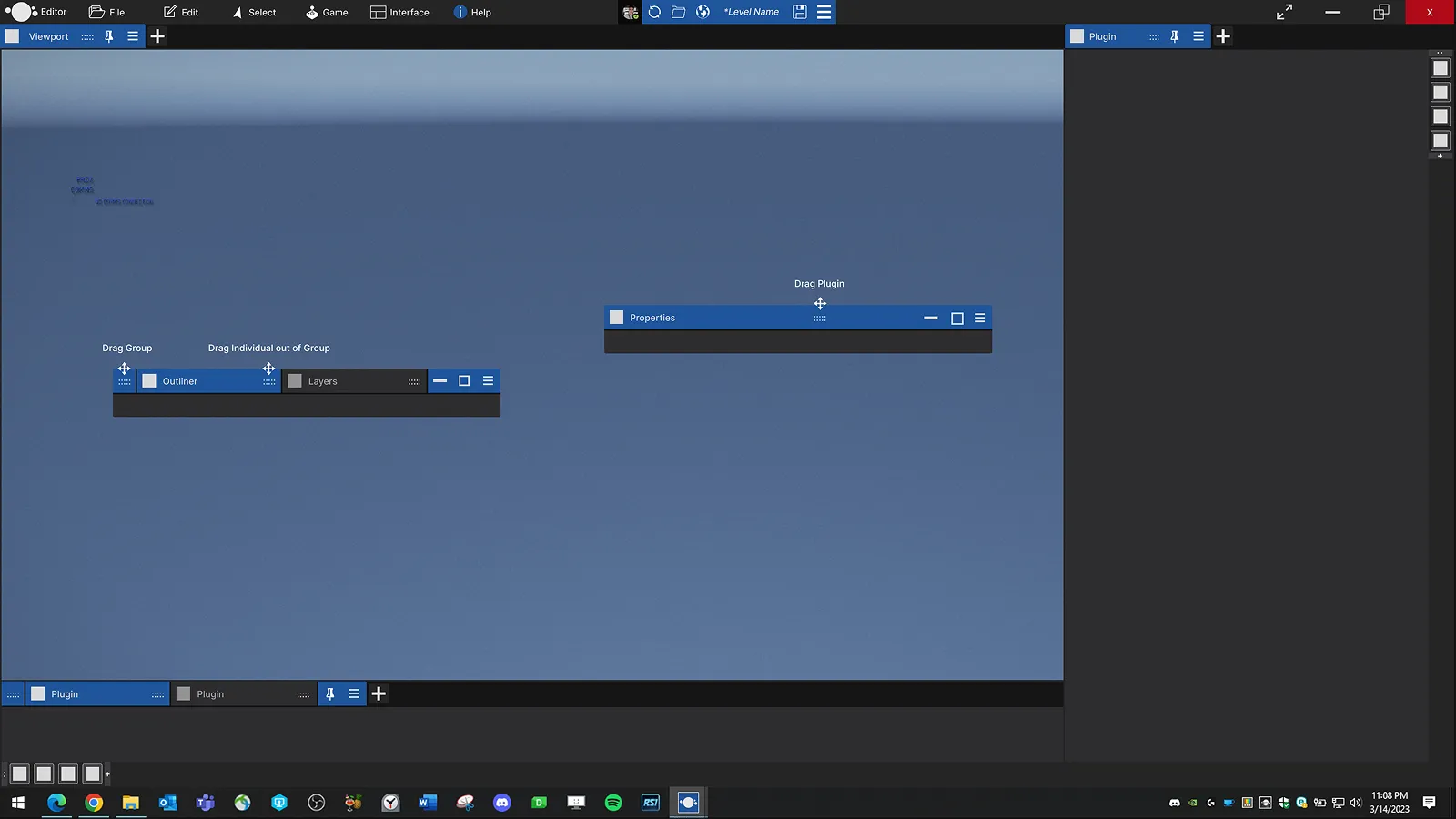 Concept mockup of the plugin toolbar's drag interactions, including dragging an entire group, an individual panel out of a group, and a single plugin window.