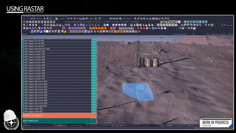 Screenshot of the RASTAR base-building tool's editor UI, showing its structure/element list, viewport placement preview, and Manage Elements / Add Template controls.