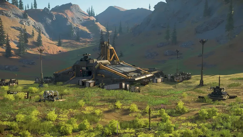 In-game render of a player base built with the RASTAR base-building prototype, set in a mountainous grassland.