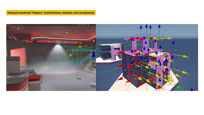 Side-by-side comparison of the Editor viewport cluttered with rendered debug helpers, including colored lines, outlines, text, and gizmos, obscuring the scene.