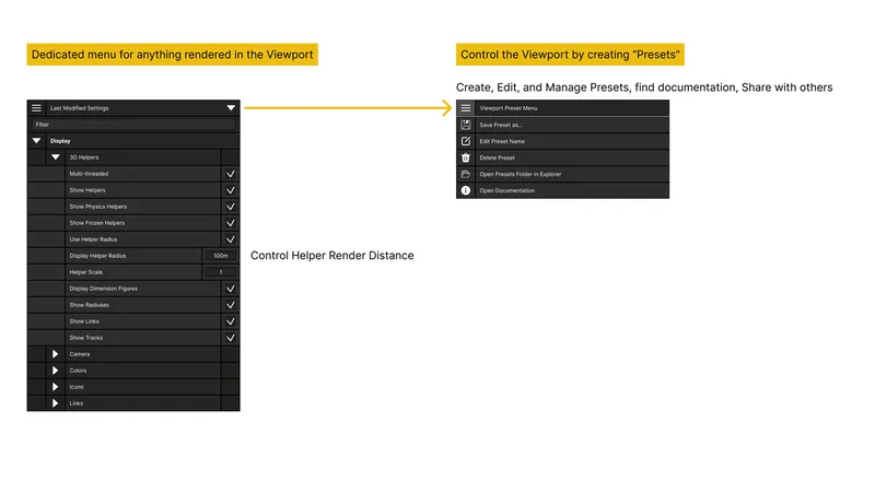 Diagram of the new Viewport Settings menu, showing its Helpers display panel and Presets menu.