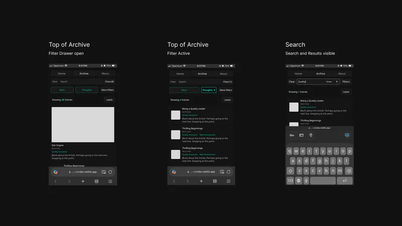 diagram of the intended mobile search experience across three states. Left Filter Drawer open, Center Filter active, and Right Search with results visible.