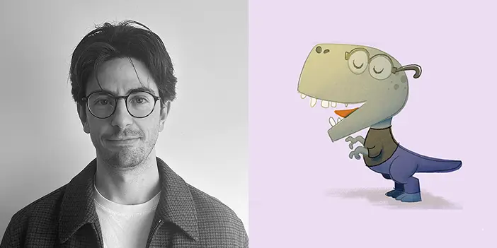 A side-by-side comparison image: a photo-realistic portrait of Christopher Klein on the left, and an illustrated T-rex version of him on the right.